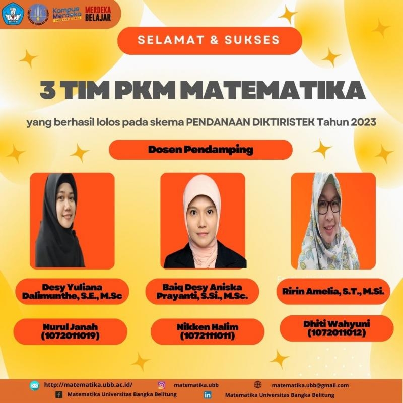 3 TIM PKM MATEMATIKA  BERHASIL LOLOS PADA SKEMA PENDANAAN DIKTIRISTEK TAHUN 2023